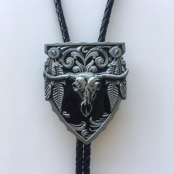 Silver & Black Texas Western Cowboy Bull Skull Bolo Tie – Braided Cord - Picture 3 of 4